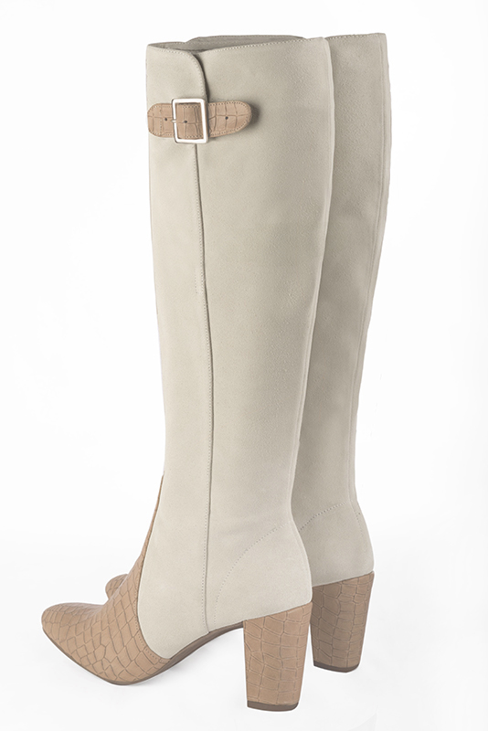 Tan beige and off white women's knee-high boots with buckles. Round toe. High block heels. Made to measure. Rear view - Florence KOOIJMAN